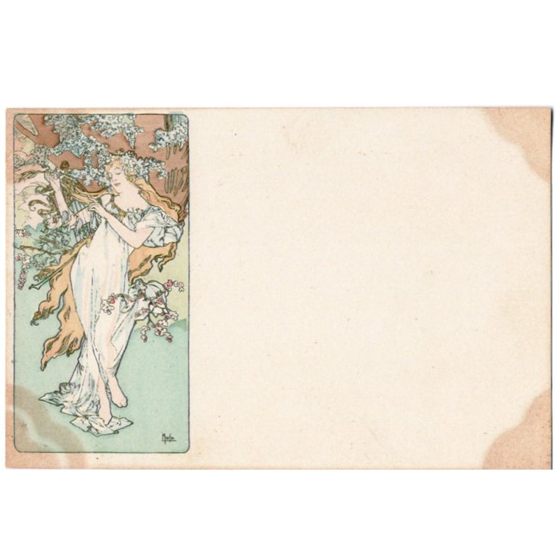 ミュシャ「春~連作四季ファーストシリーズ」アンティーク絵はがき