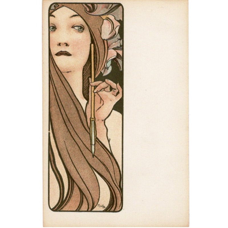 ミュシャ「ペンを持つ女性」アンティーク絵はがき