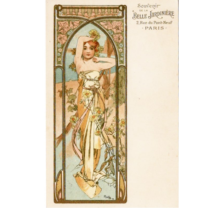 ミュシャ「朝の目覚め(ベル・ジャルディニエール版)」アンティーク絵はがき