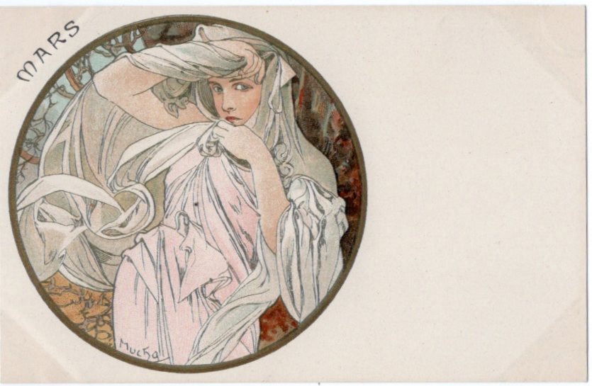 ミュシャ 「3月」 アンティーク絵はがき