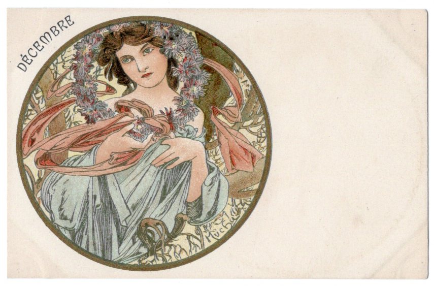 ミュシャ 「12月」 アンティーク絵はがき