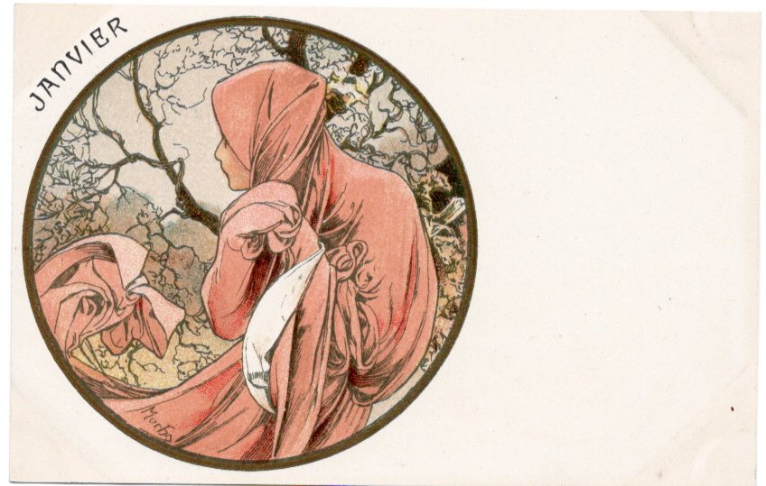 ミュシャ 「1月」 アンティーク絵はがき