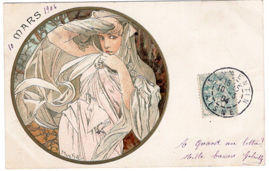 ミュシャ「3月(Mars)」アンティーク絵はがき(ポストカード)