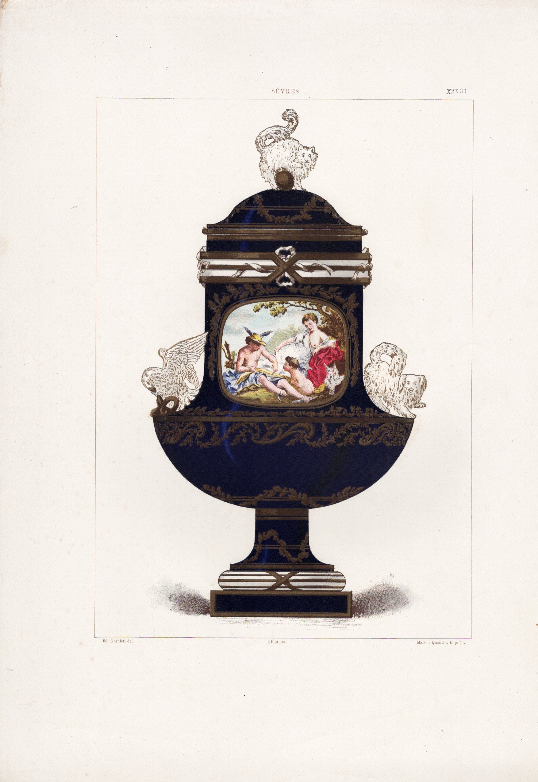 セーブルの軟質磁器「猫、犬、鳥の動物で装飾された壺」プレートNo.33