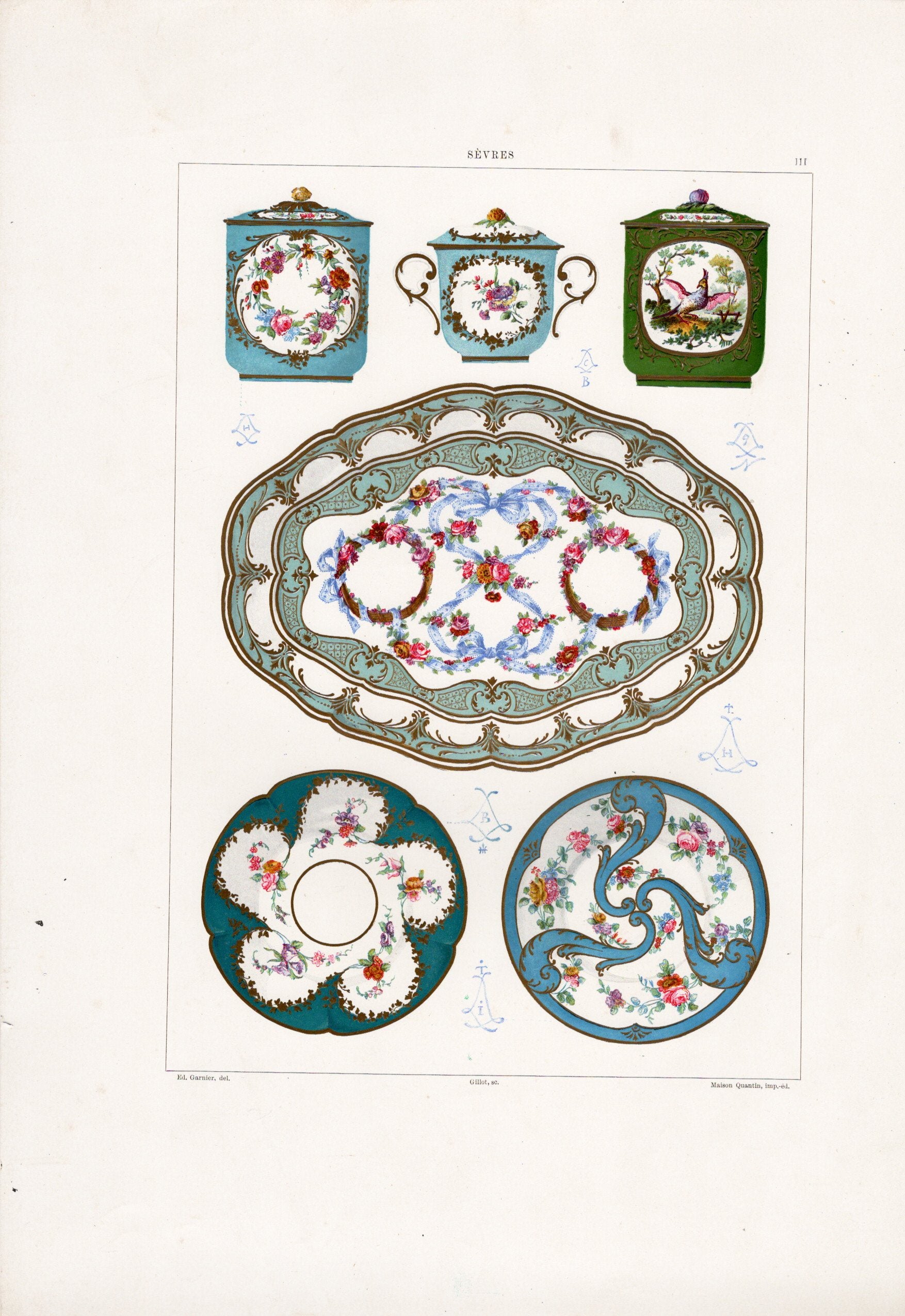 セーブルの軟質磁器「化粧ポット・クリームポット、大皿とソーサー」プレートNo.3