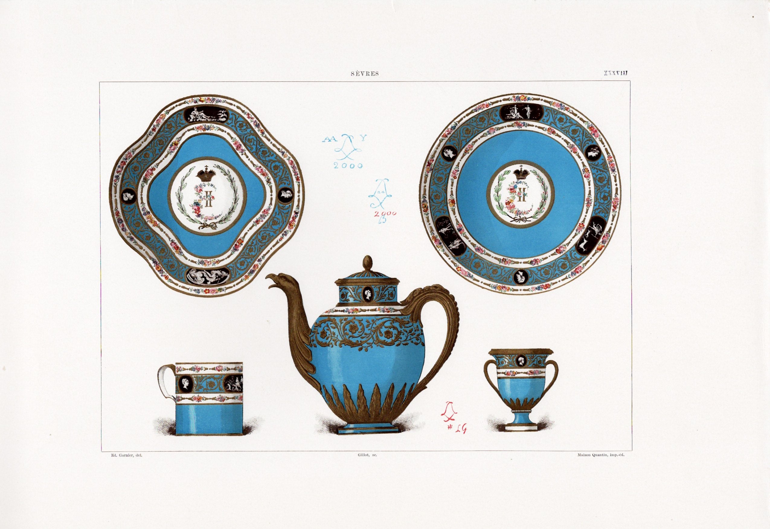 セーブルの軟質磁器「エカテリーナ二世の食器セット(デミタスカップやソーサーにポット)」プレートNo.38