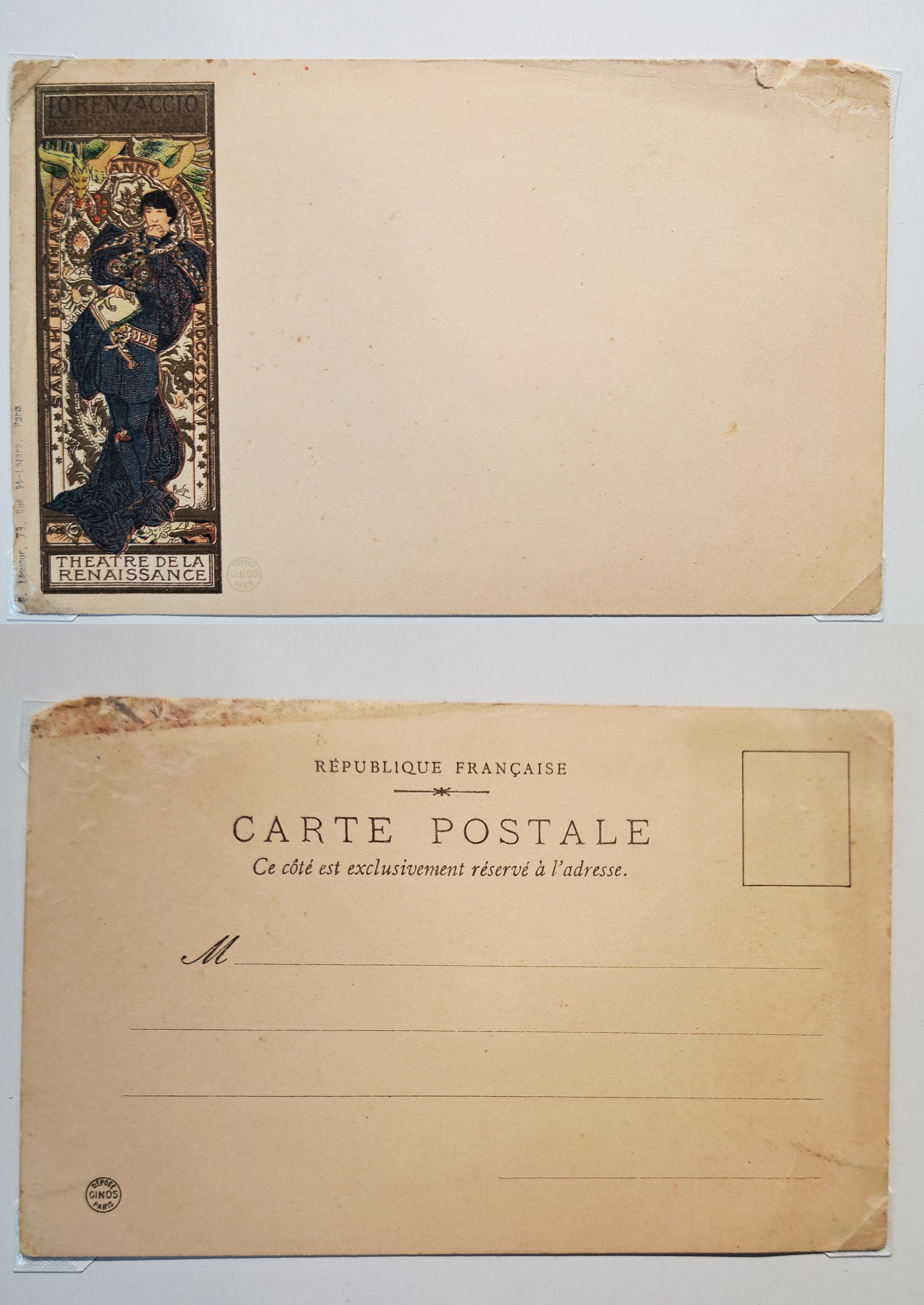 アルフォンス・ミュシャ≪ロレンザッチオ≫1898年アンティーク絵はがき宛名面と通信面
