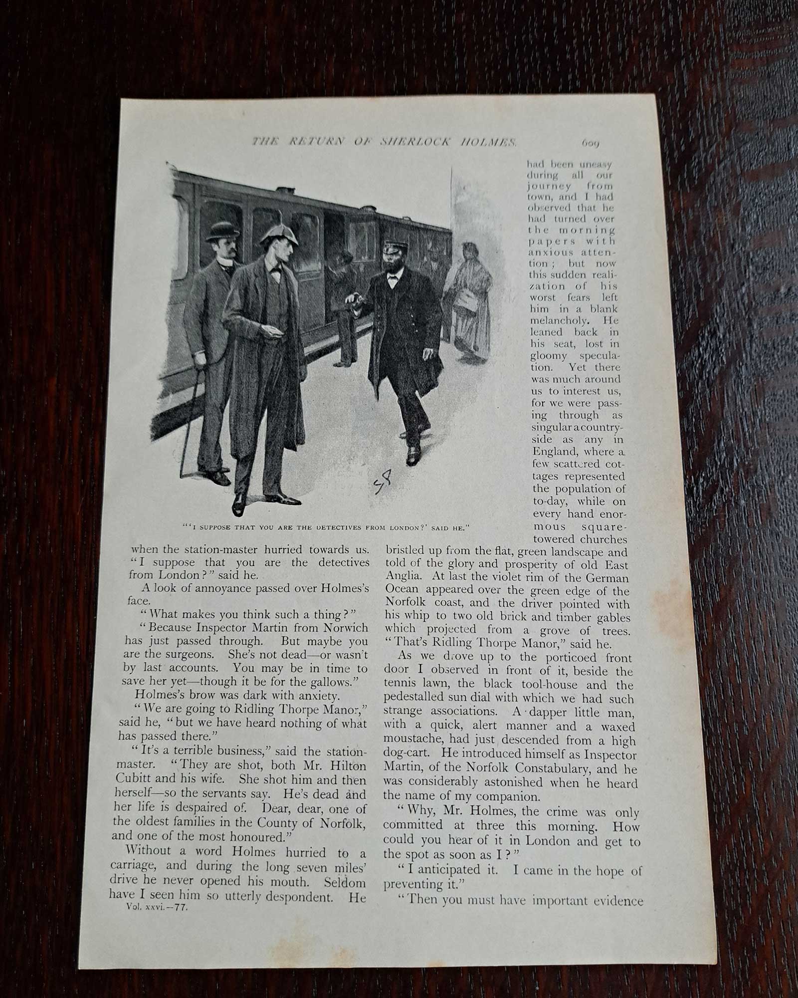 Illustration for Sherlock Holmes's "The Dancing Men" (Holmes is mistaken for a detective from London) by Sidney Paget (1903)