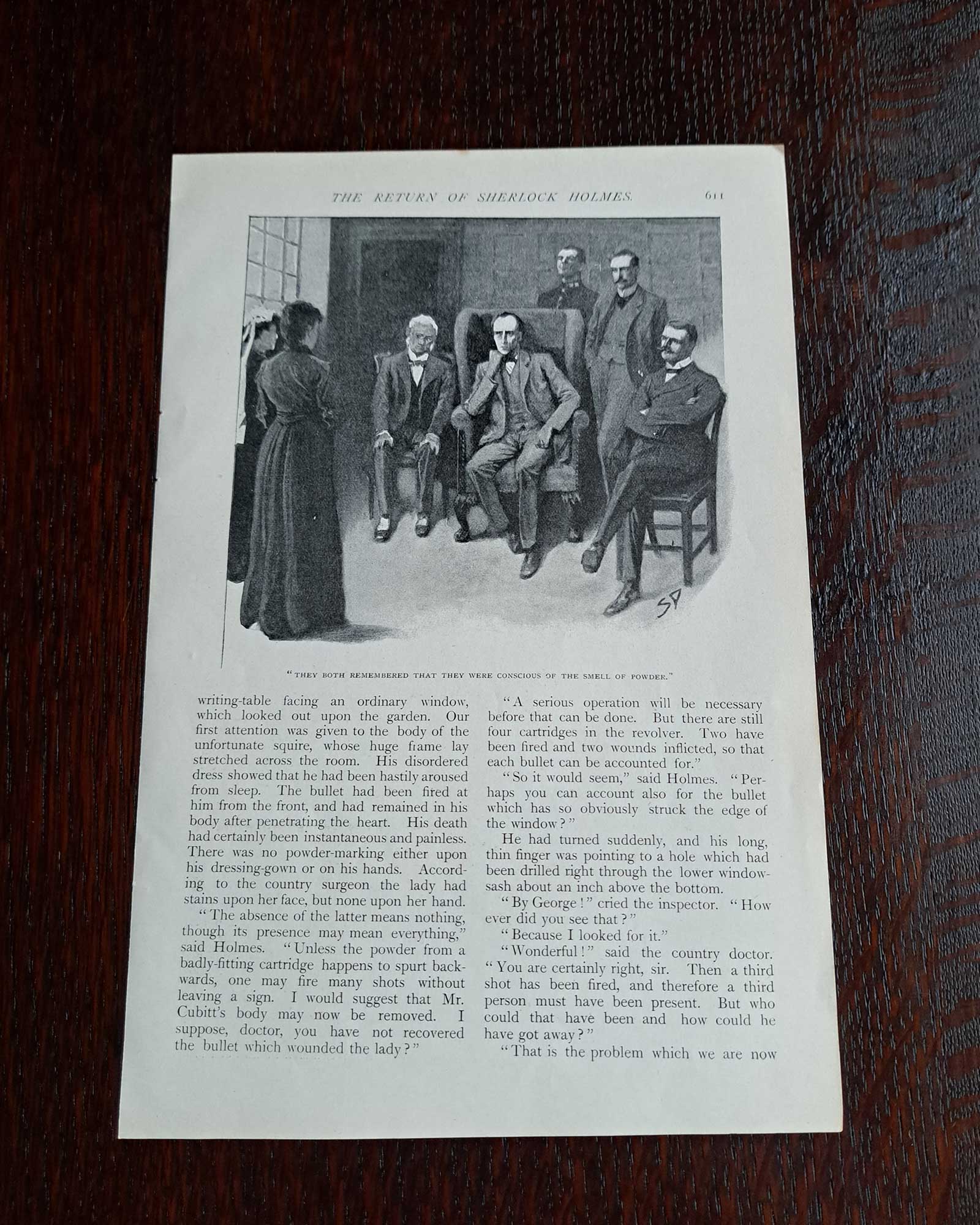 Sherlock Holmes "The Dancing Men" double-sided illustration (Holmes questioning and Holmes picking up the brass cylinder) / Sidney Paget (1903)