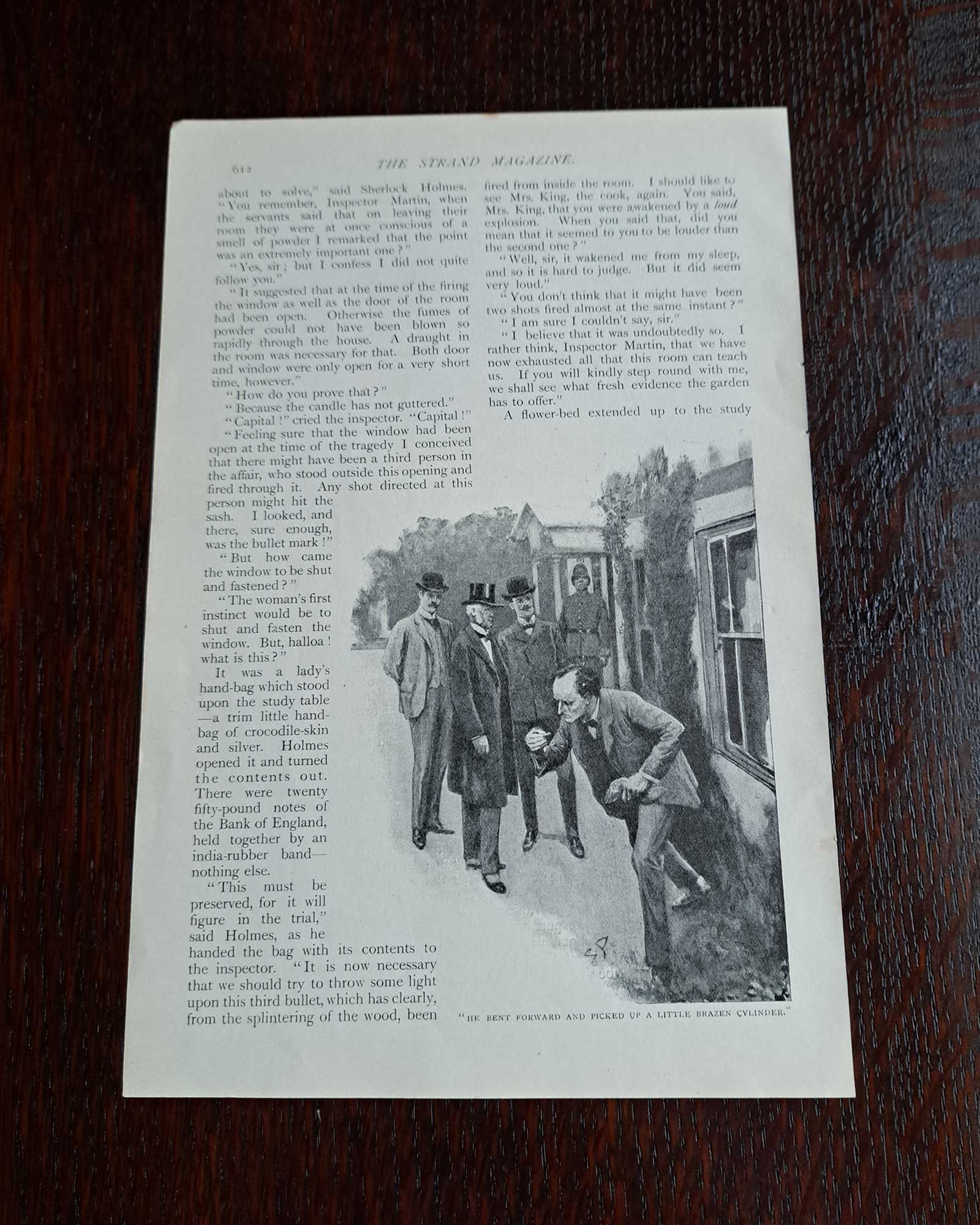 Sherlock Holmes "The Dancing Men" double-sided illustration (Holmes questioning and Holmes picking up the brass cylinder) / Sidney Paget (1903)