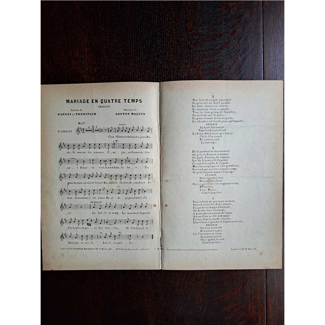 "Mariage en Quatre Temps" ca.1900 chanson sheet music