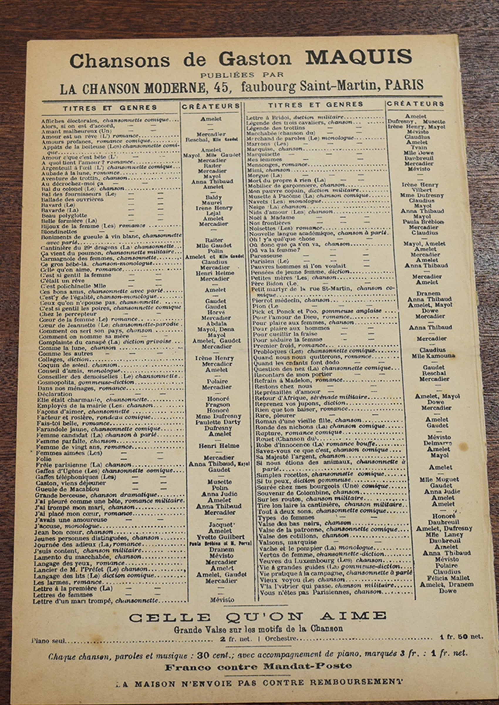 ≪4段階の結婚(Mariage en Quatre Temps)≫ ca.1900年 シャンソン楽譜