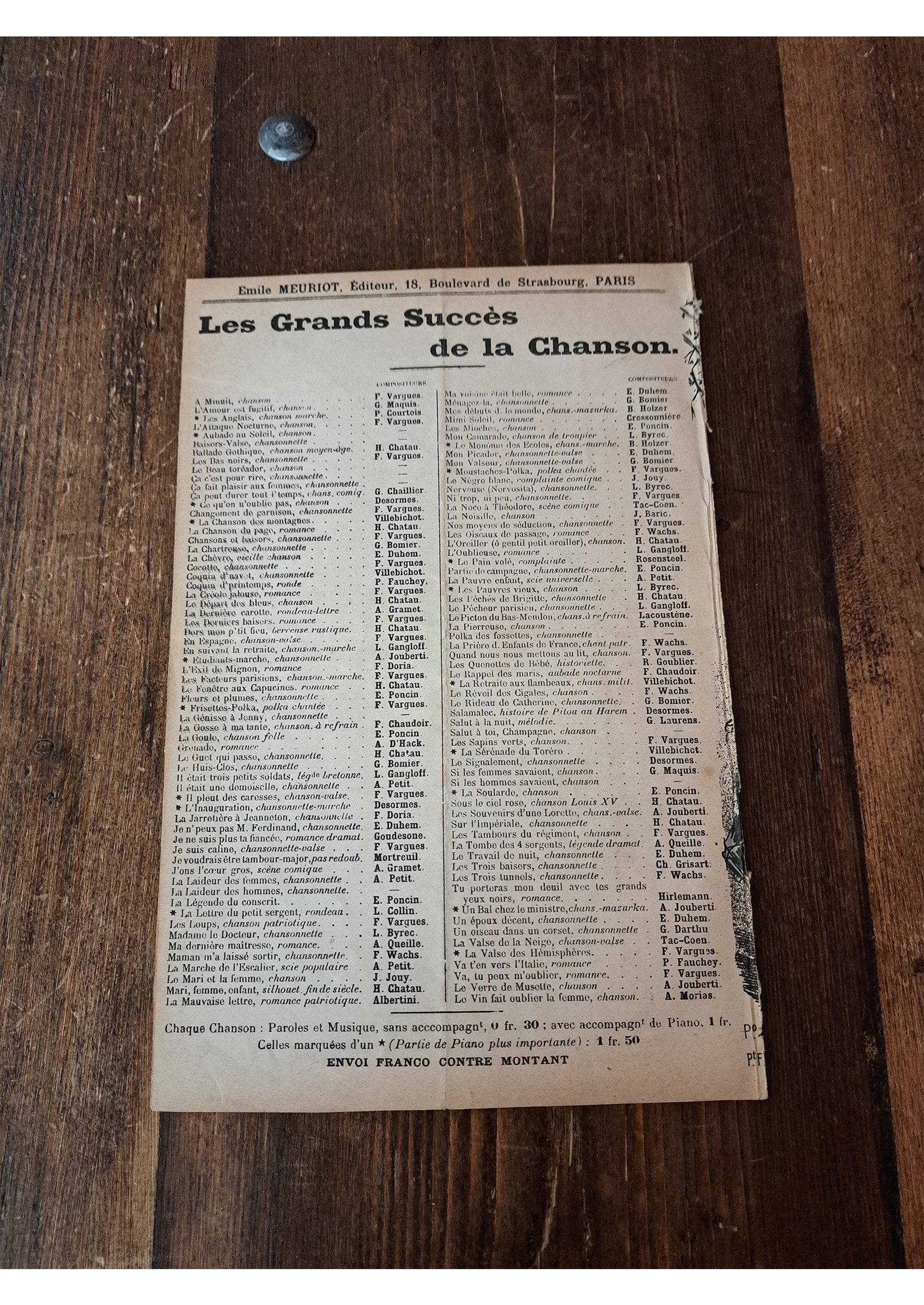 イヴェット・ギルベール ≪酔っ払い(La Soularde)≫ のシャンソン楽譜裏面平置き