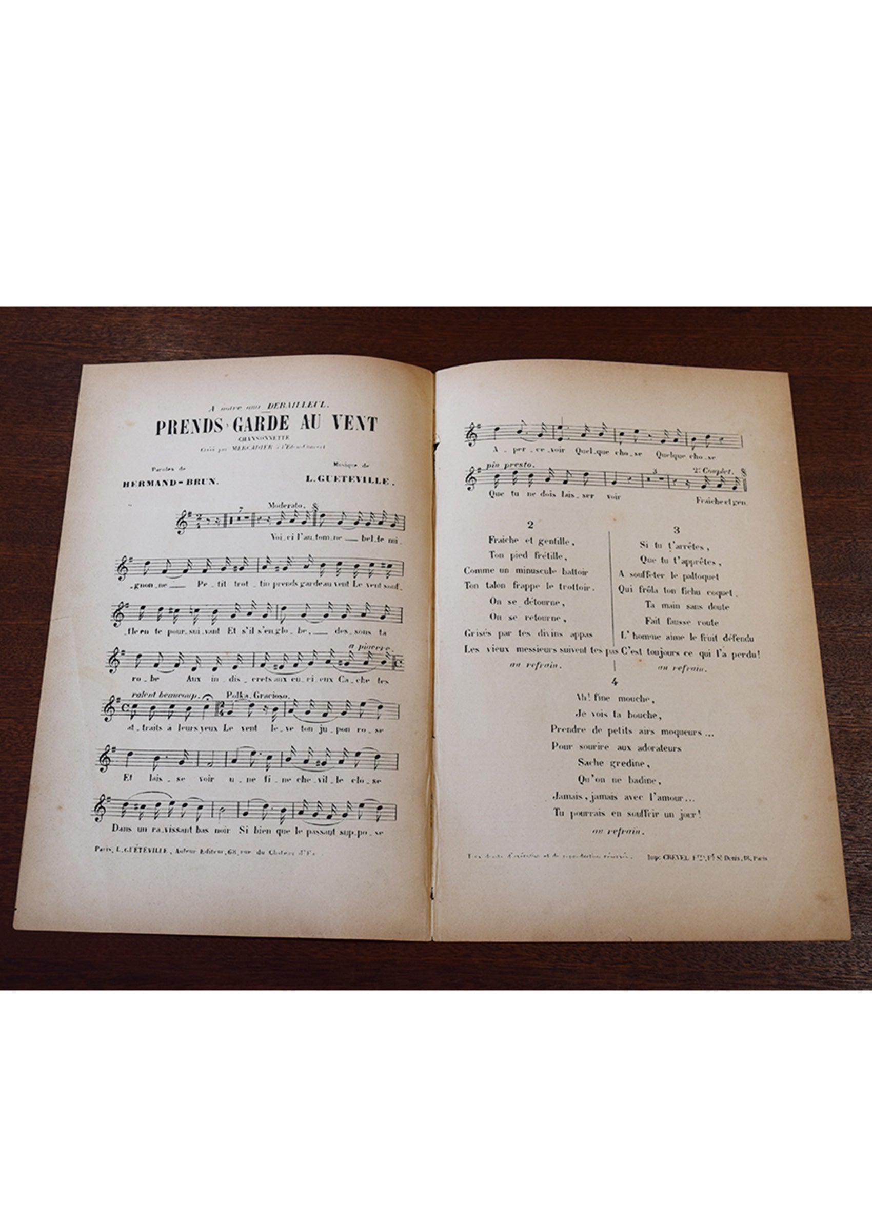 ≪風に気をつけて(Prends garde au vent)≫ ca.1900年 シャンソン楽譜
