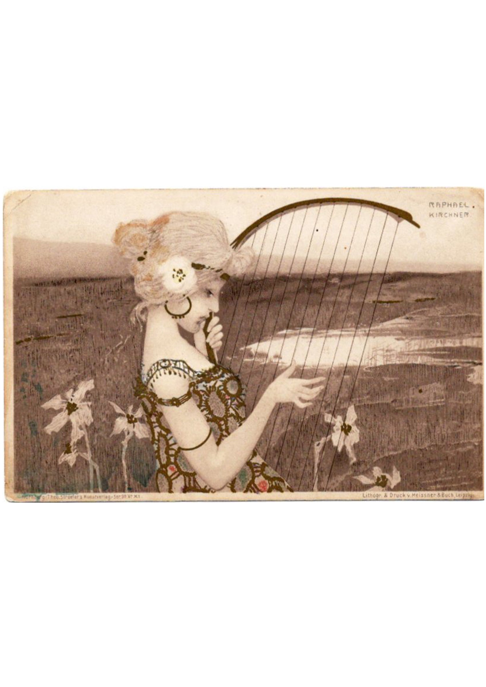ラファエル・キルヒナー ≪ハープを弾く乙女~ギリシャの乙女~≫ 1900年 アンティーク絵はがき