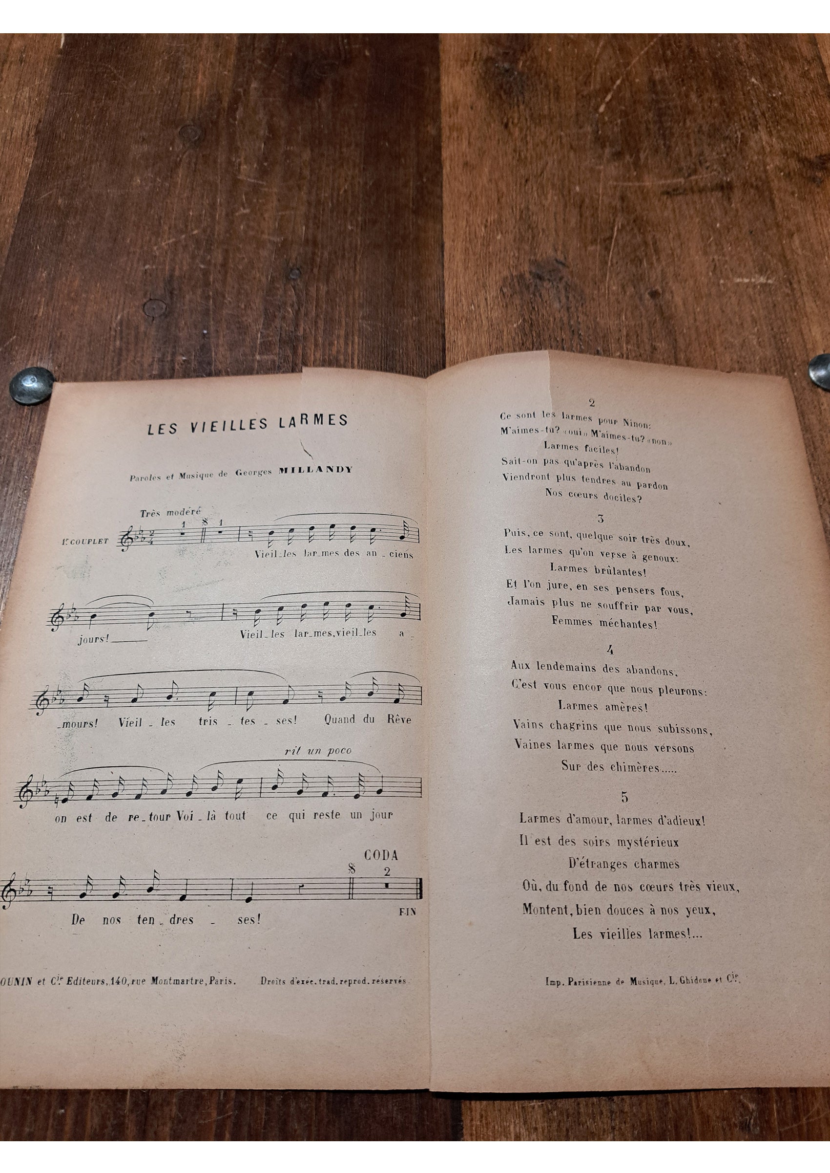 ≪古い涙(Les Vieilles Larmes)≫ ca.1900年 シャンソン楽譜