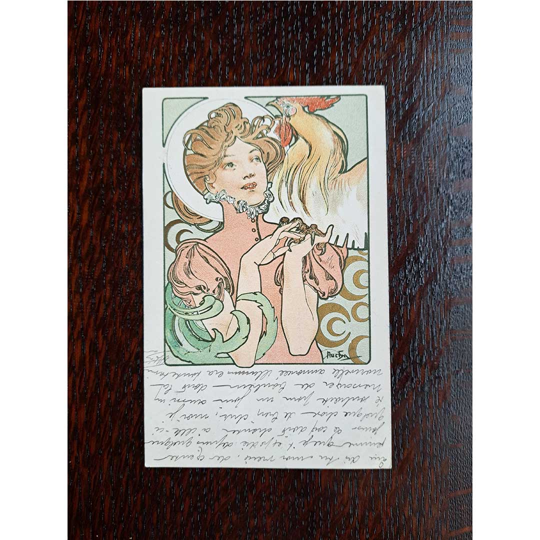 Alphonse Mucha "Cocorico First Issue" 1901 postmark antique postcard