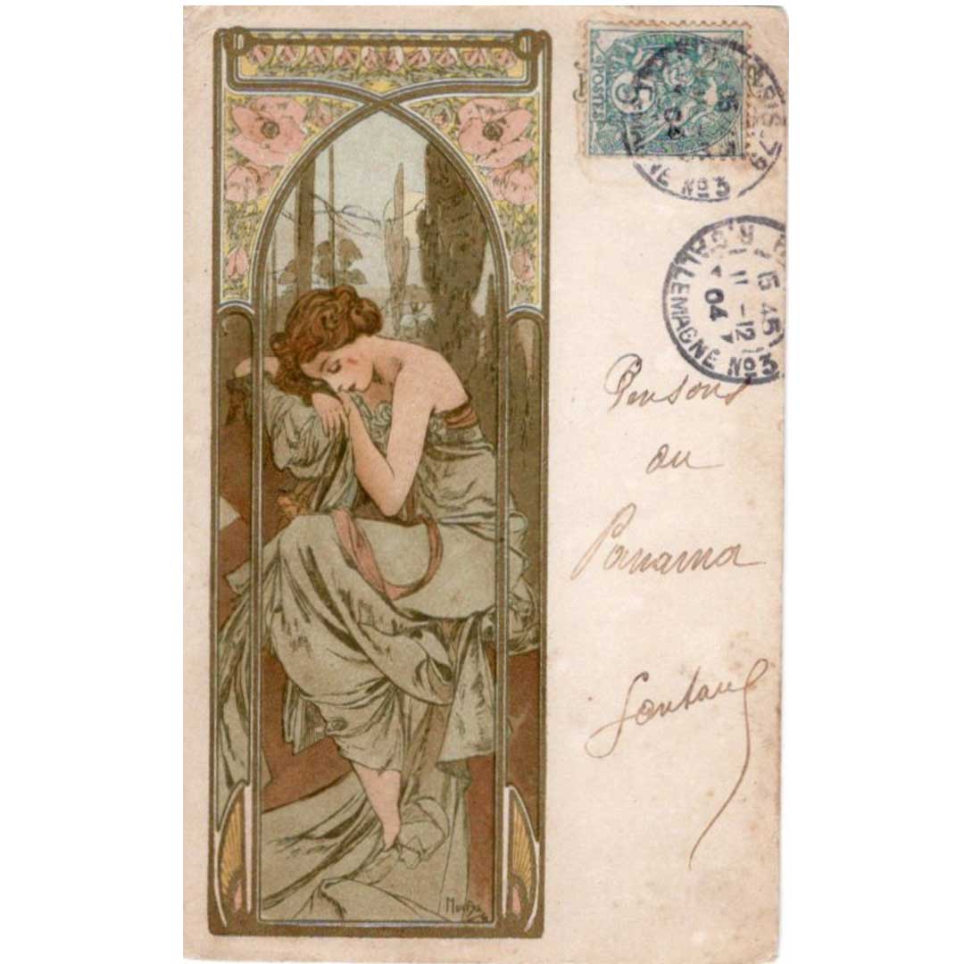 アルフォンス・ミュシャ ≪夜の安らぎ≫ 1904年消印 アンティーク絵はがき