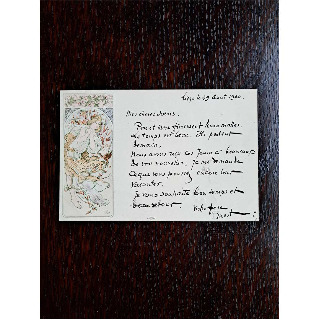 アルフォンス・ミュシャ ≪春―四季≫ 1900年消印 アンティーク絵はがき