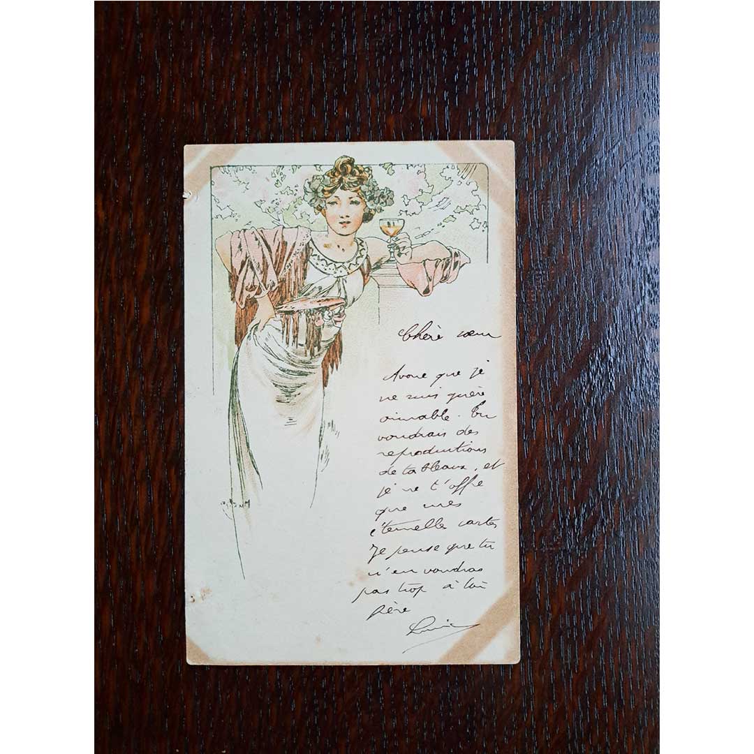 アルフォンス・ミュシャ ≪シャンパンメニュー≫ 1901年消印 アンティーク絵はがき