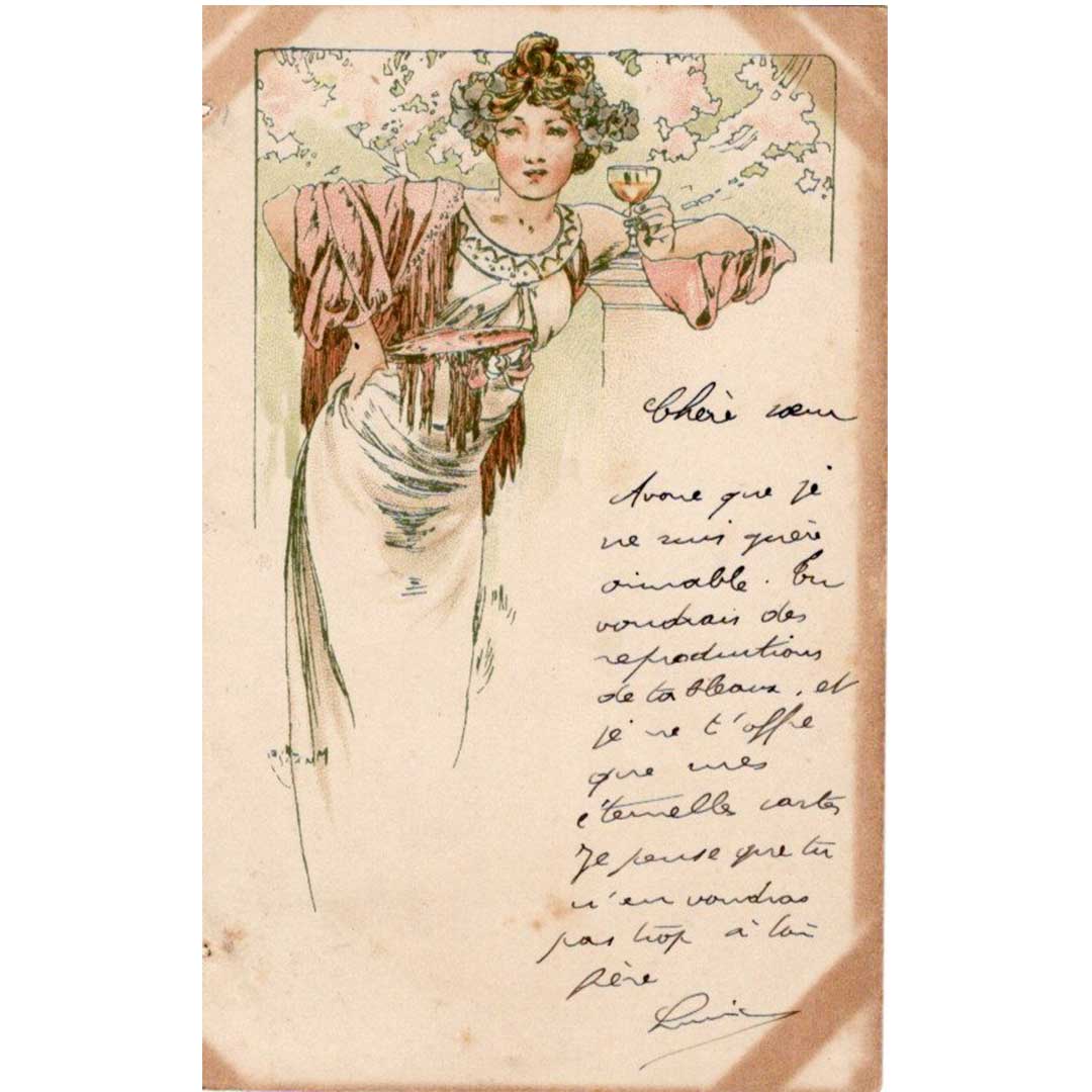 アルフォンス・ミュシャ ≪シャンパンメニュー≫ 1901年消印 アンティーク絵はがき