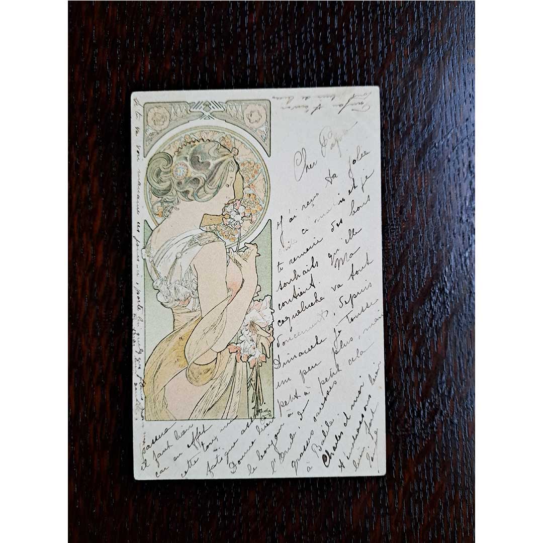 アルフォンス・ミュシャ ≪桜草≫ 1905年消印 アンティーク絵はがき