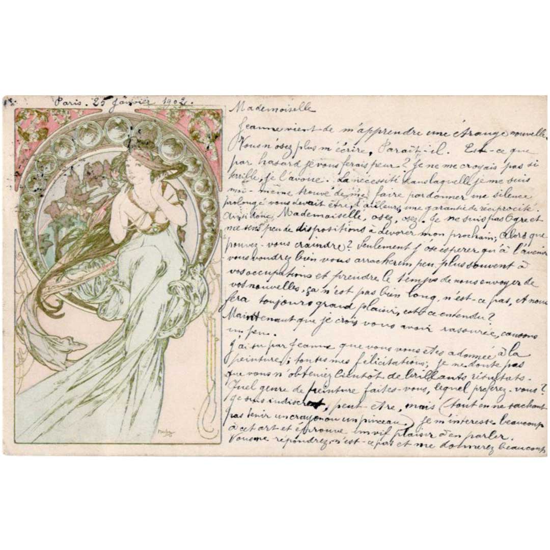 アルフォンス・ミュシャ ≪音楽―四芸術≫ 1902年消印 アンティーク絵はがき