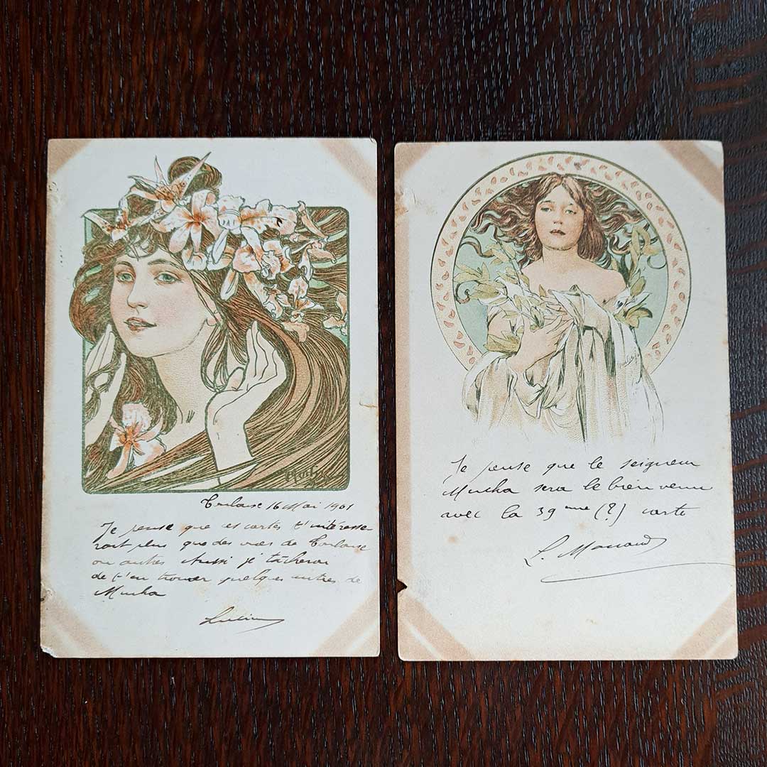 アルフォンス・ミュシャ ≪ココリコ≫ミュシャについて書かれた2通の手紙 1901年消印 アンティーク絵はがき