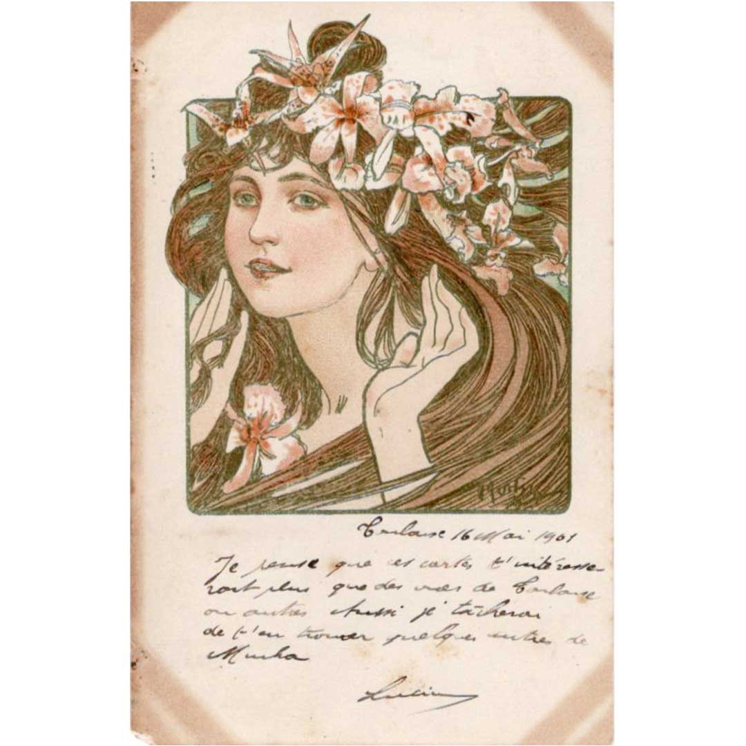 アルフォンス・ミュシャ ≪ココリコ≫ミュシャについて書かれた2通の手紙 1901年消印 アンティーク絵はがき