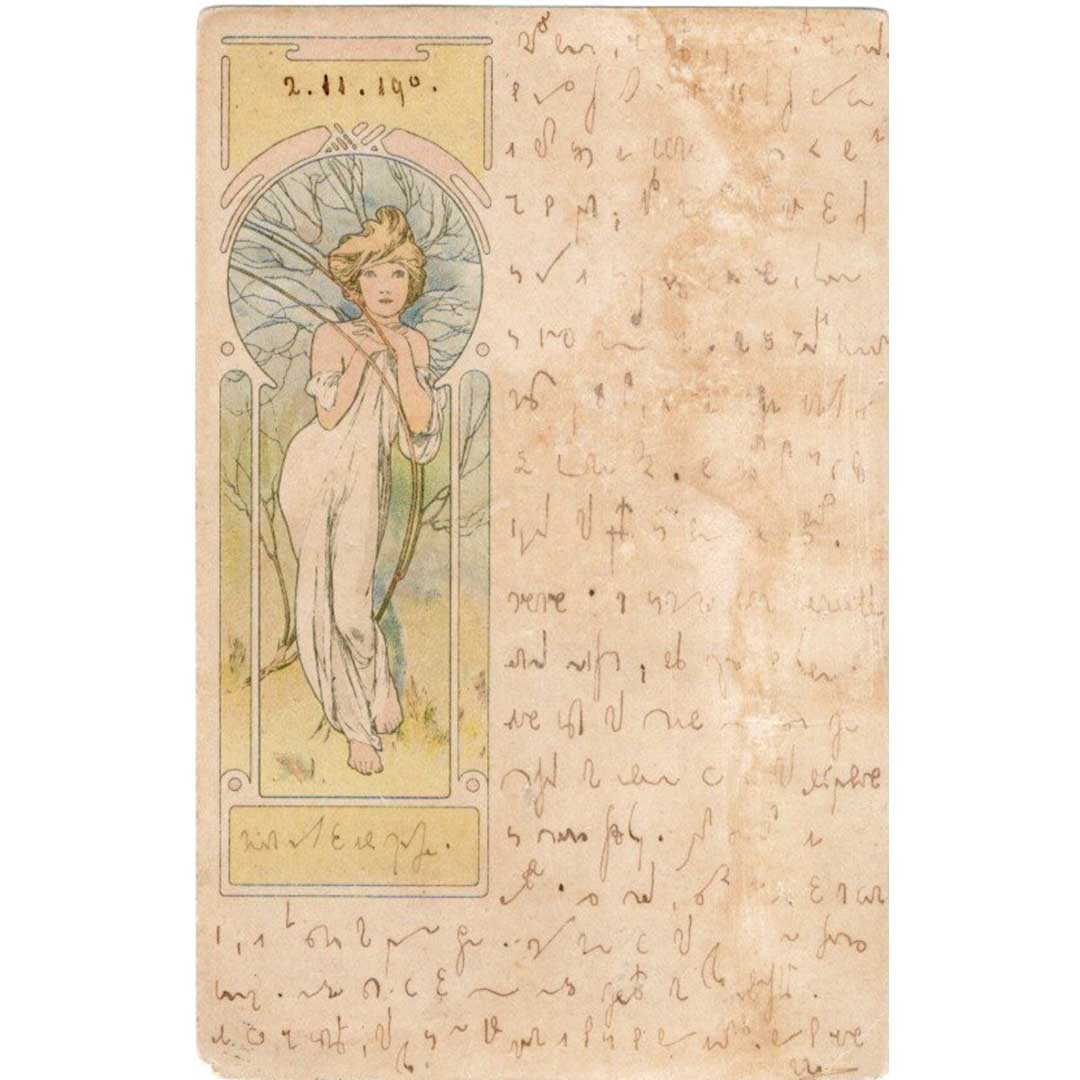 アルフォンス・ミュシャ ≪春―四季≫ 1900年消印 アンティーク絵はがき