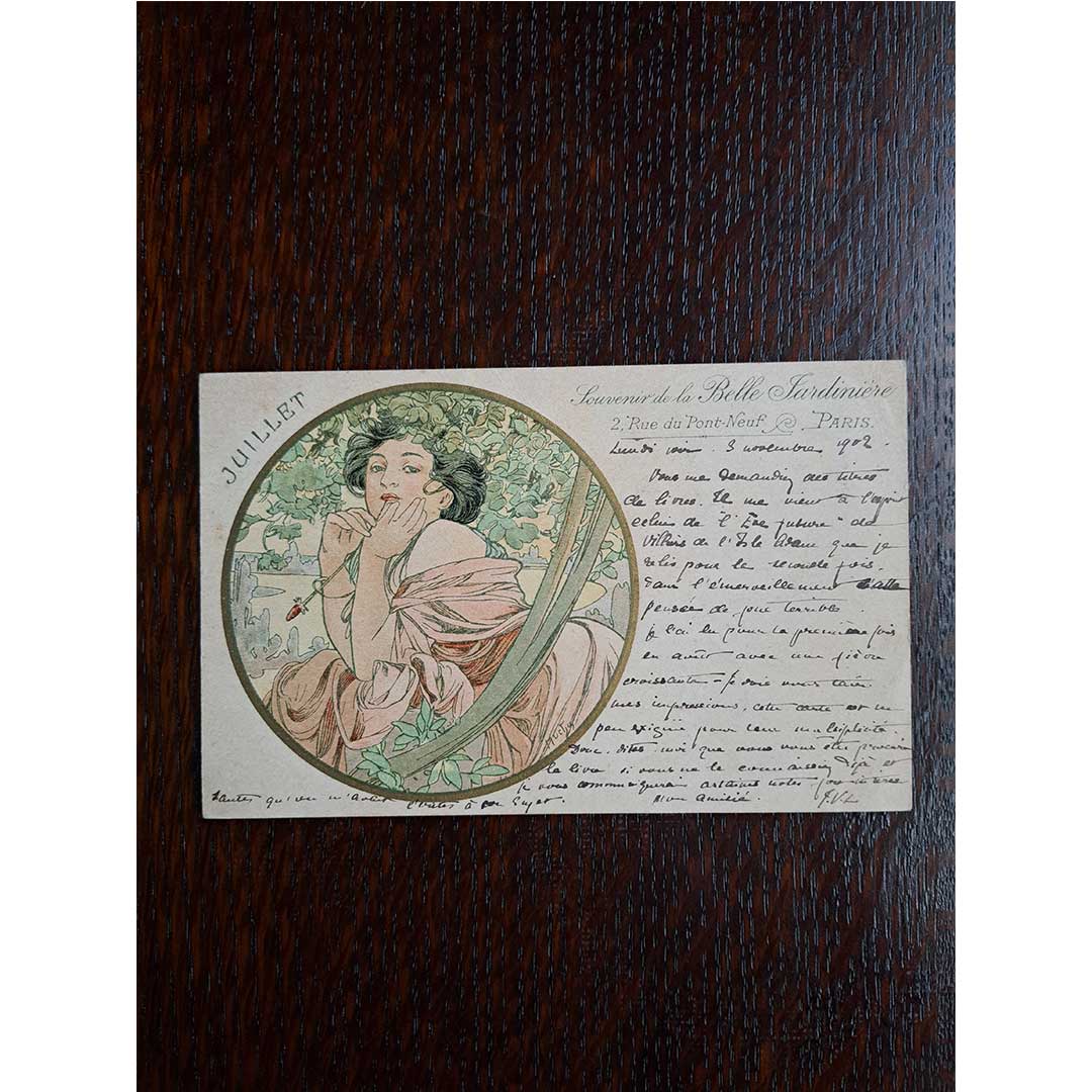 アルフォンス・ミュシャ ≪七月≫ 1902年消印 アンティーク絵はがき