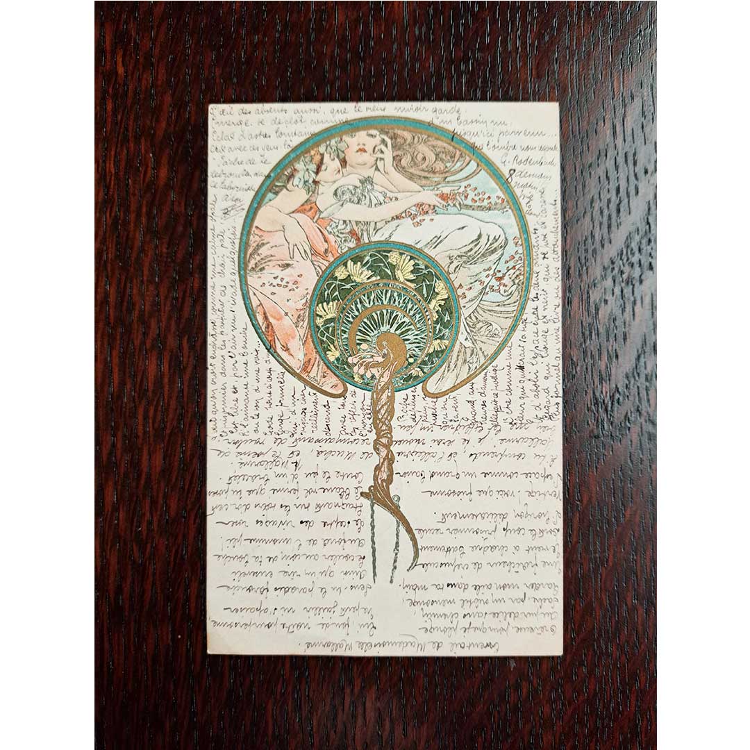 アルフォンス・ミュシャ ≪扇子のデザイン≫ 1901年消印 アンティーク絵はがき