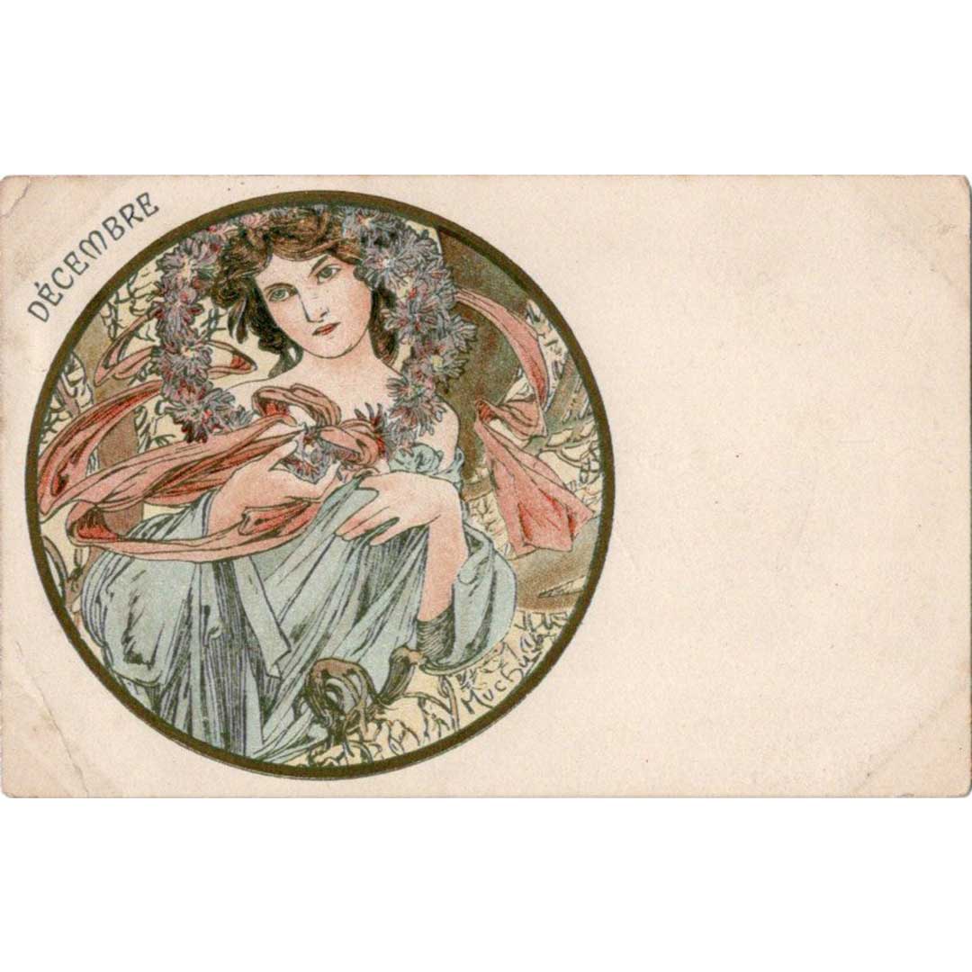 アルフォンス・ミュシャ ≪十二月≫ 1904年消印 アンティーク絵はがき