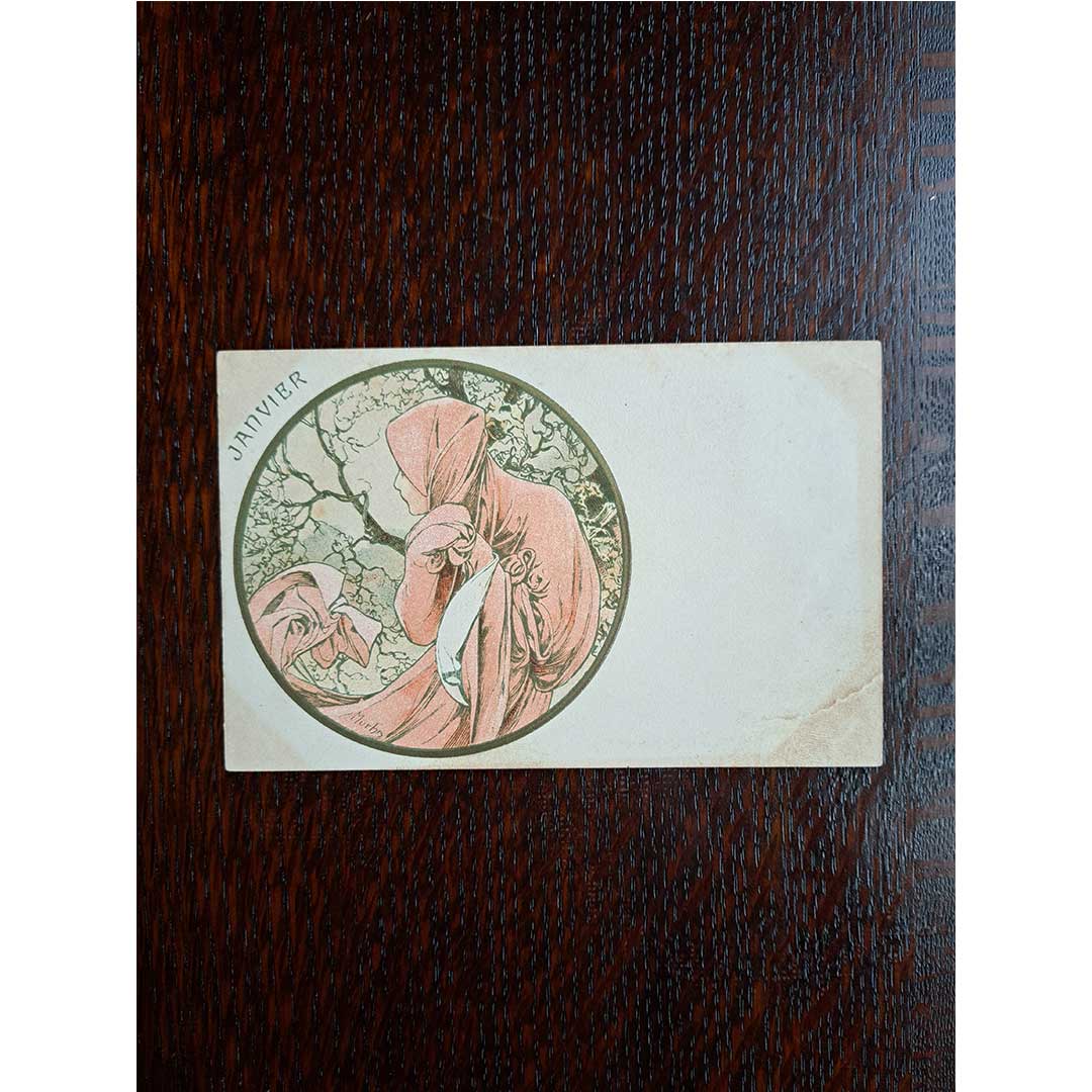 アルフォンス・ミュシャ ≪一月≫ 1900年 アンティーク絵はがき