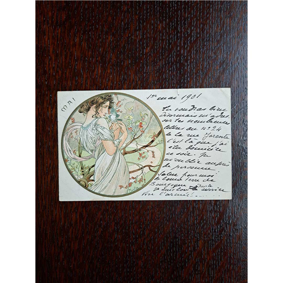アルフォンス・ミュシャ ≪五月≫スズランの日 1901年消印 アンティーク絵はがき