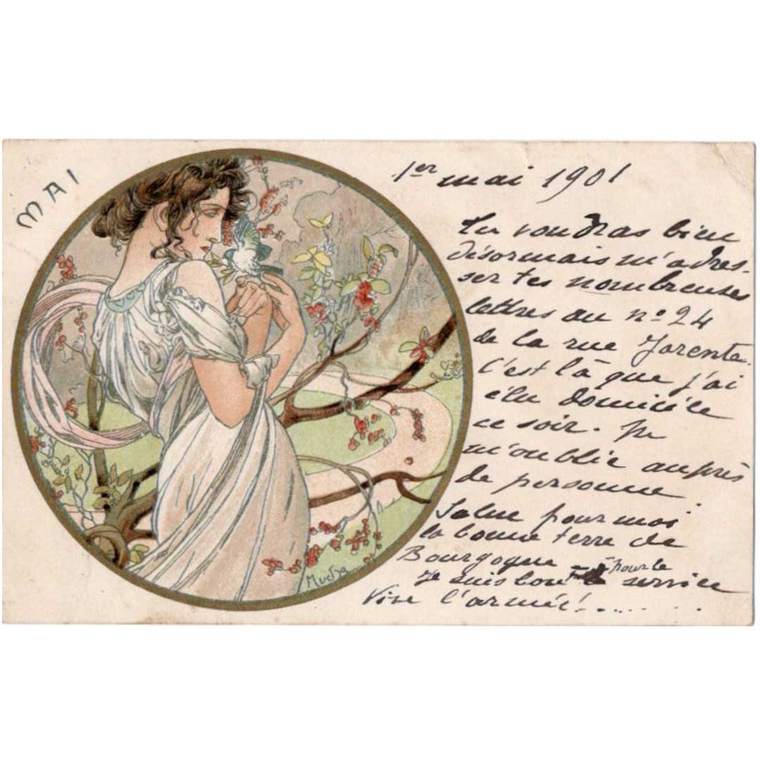 アルフォンス・ミュシャ ≪五月≫スズランの日 1901年消印 アンティーク絵はがき