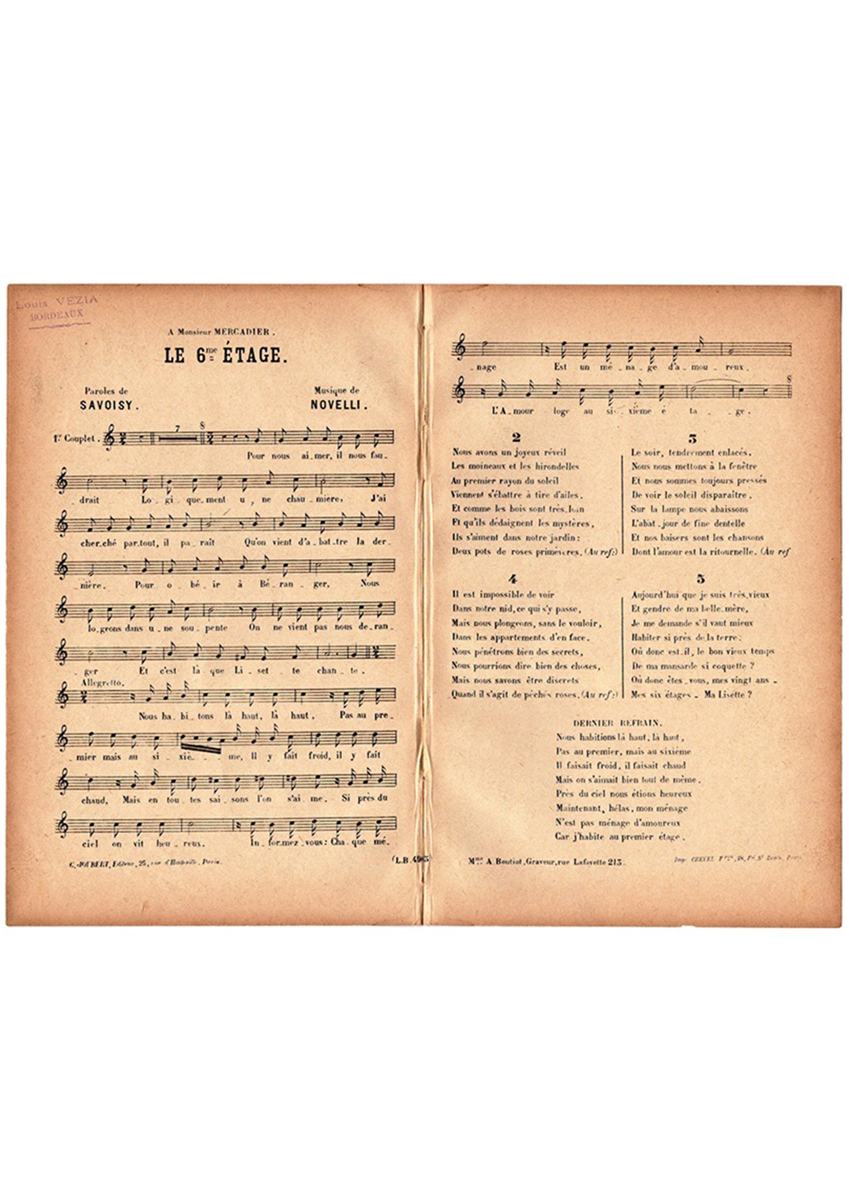 ≪6階(Le Sixième Étage)≫ ca.1900年 シャンソン楽譜