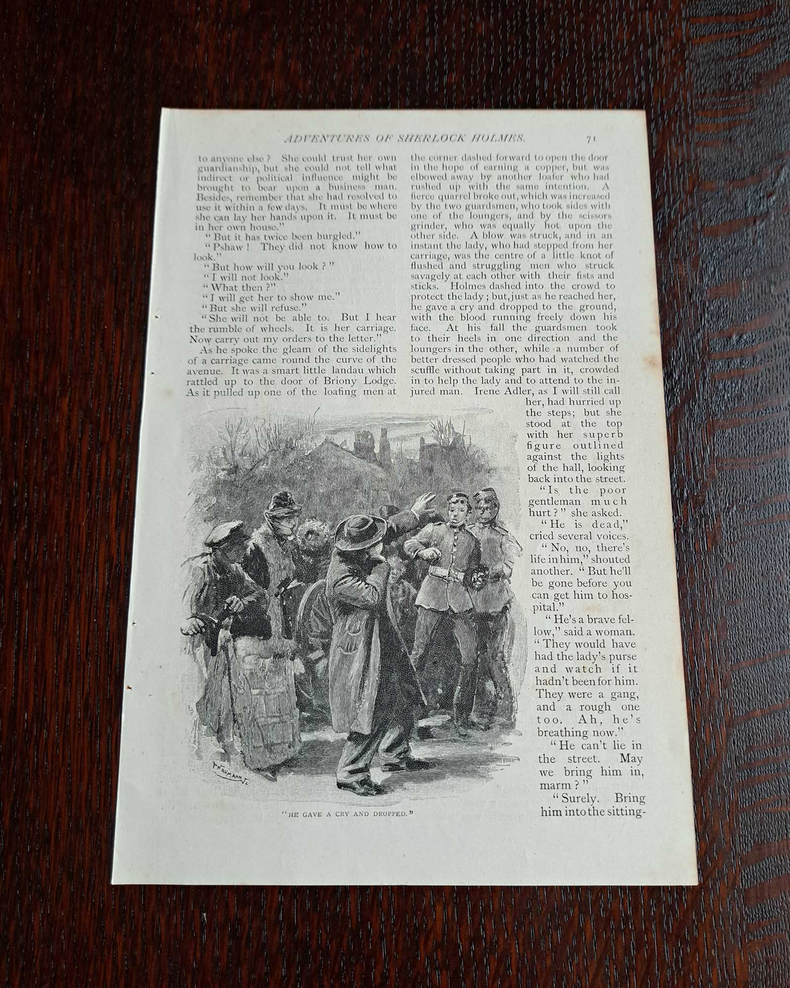 Sherlock Holmes "A Scandal in Bohemia" (disguised Holmes screaming and collapsing) / Sidney Paget (1891)