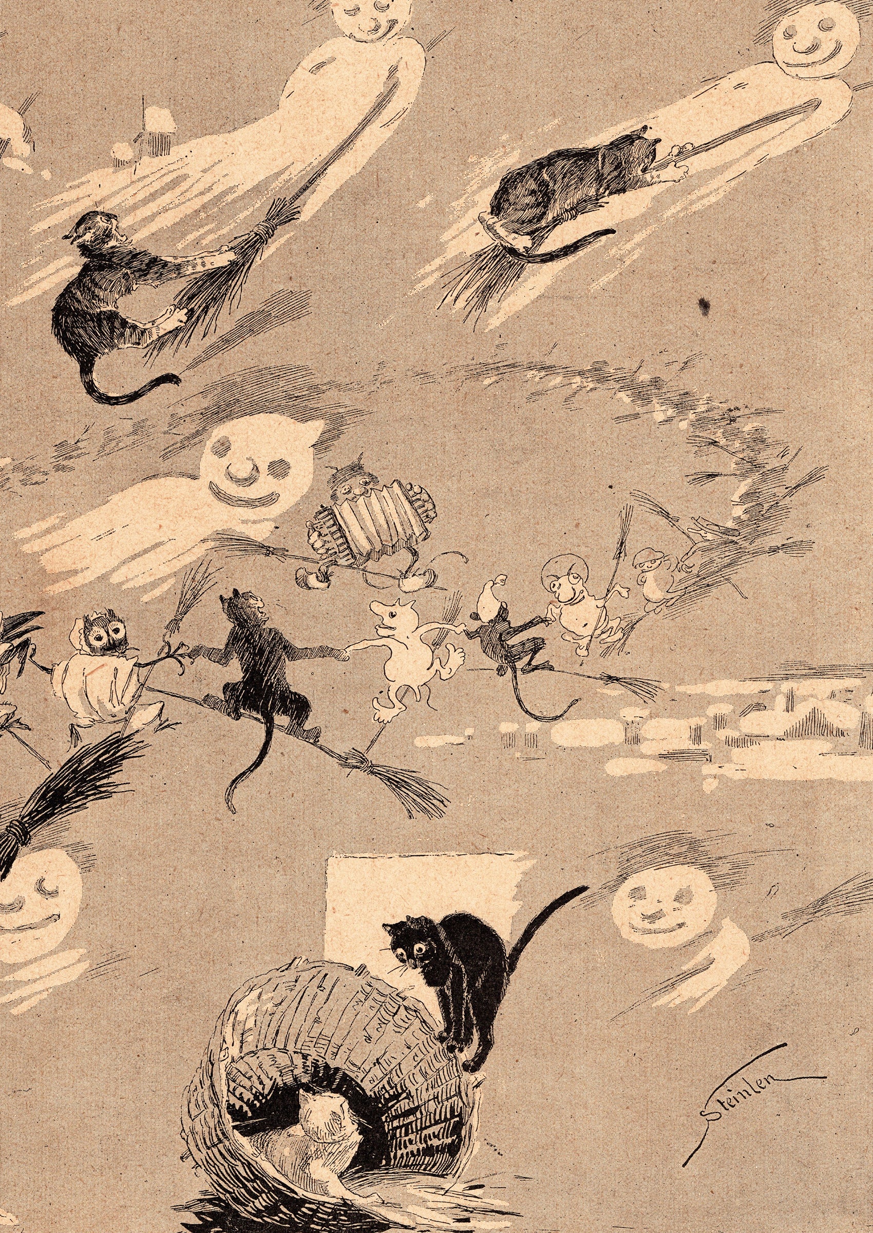 スタンラン ≪グレーの猫と白い魔術師≫ 1898年 『猫たち』より拡大図