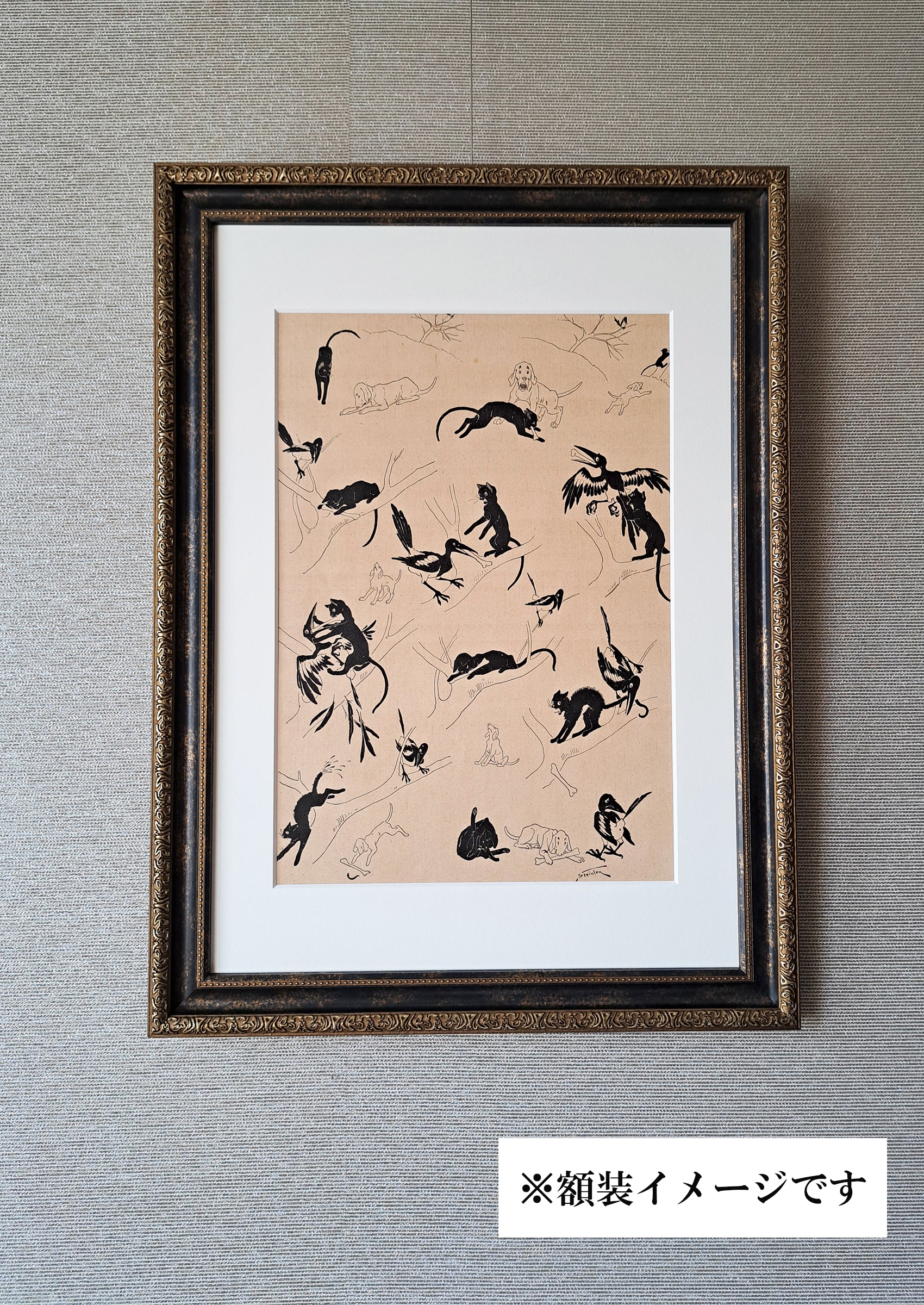 スタンラン ≪猫と犬と鵲の物語(盗まれた泥棒)≫ 1898年 『猫たち』より額装写真