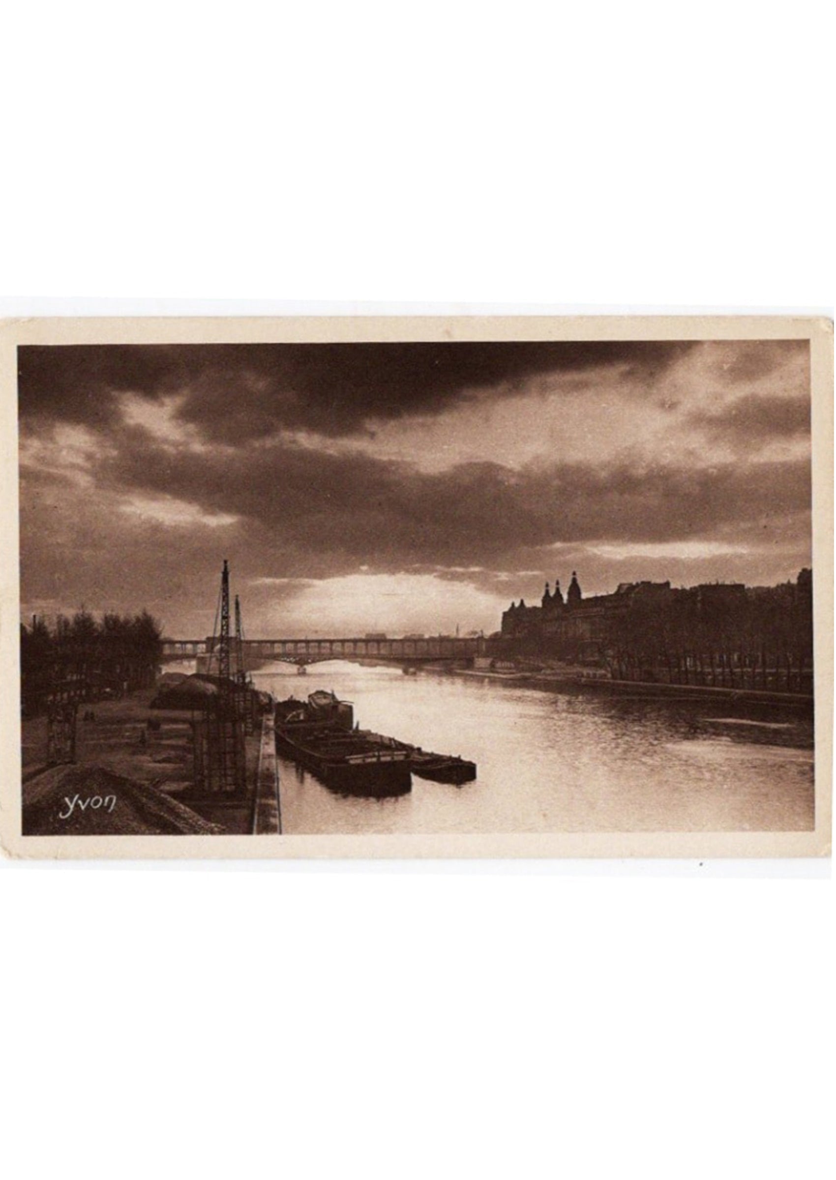 "The Seine at Sunset, Quai de Passy" circa 1910 Antique photo postcard showing the Seine at dusk in sepia | Framed