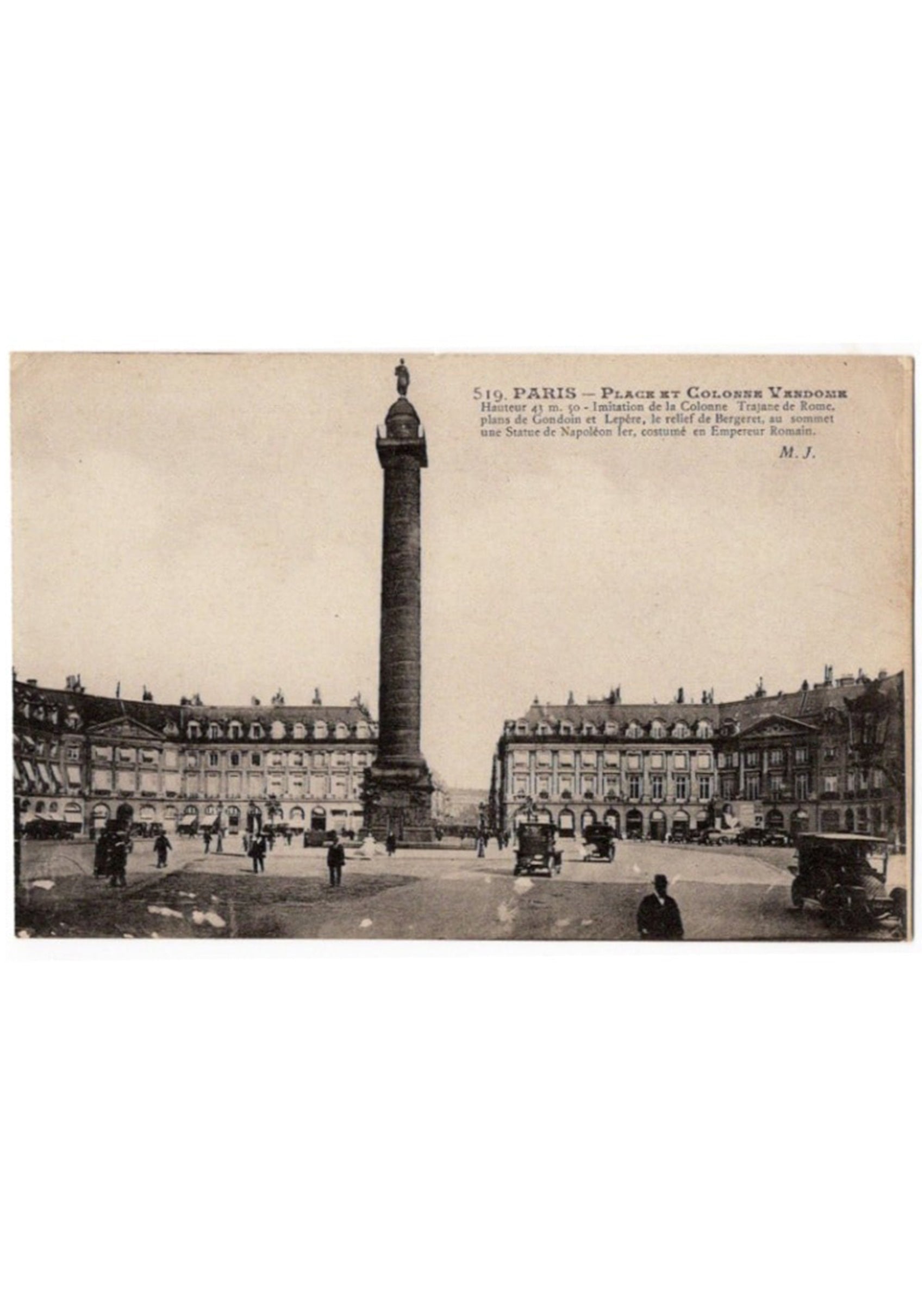 "Vendôme Column" circa 1910 Antique photo postcard showing the column with Napoleon's statue and a full view of the square | Framed