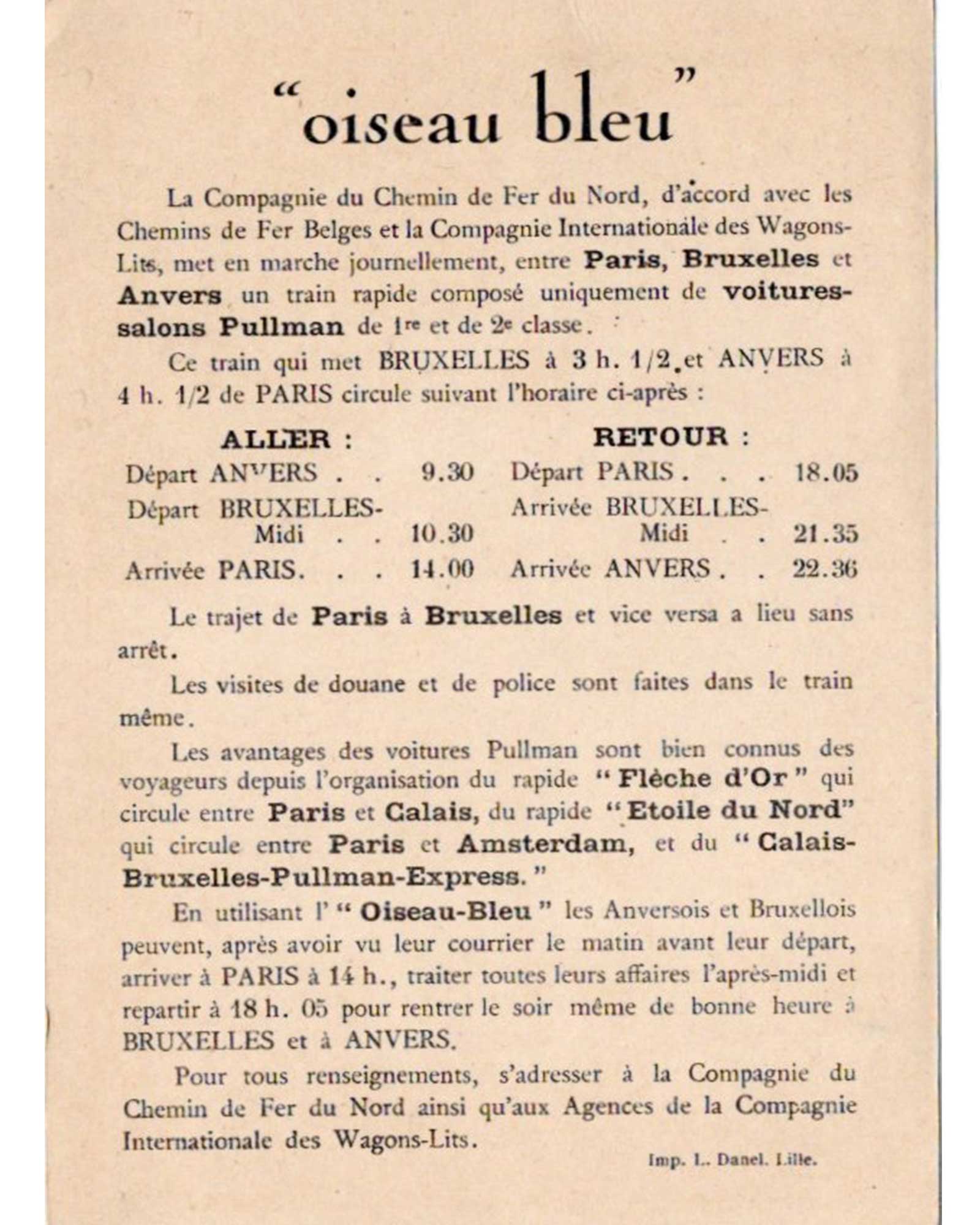 Cassandre "The Blue Bird (L'Oiseau Bleu)" Flyer with Timetable 1929