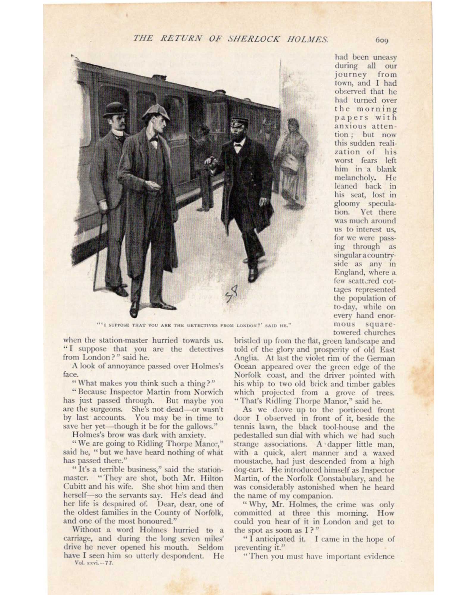Illustration for Sherlock Holmes's "The Dancing Men" (Holmes is mistaken for a detective from London) by Sidney Paget (1903)
