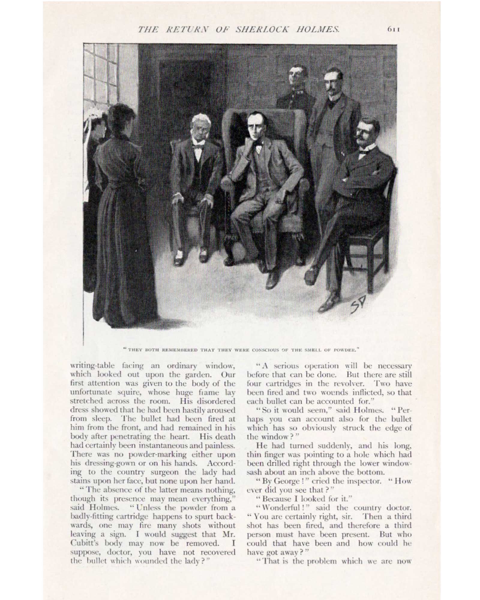 Sherlock Holmes "The Dancing Men" double-sided illustration (Holmes questioning and Holmes picking up the brass cylinder) / Sidney Paget (1903)
