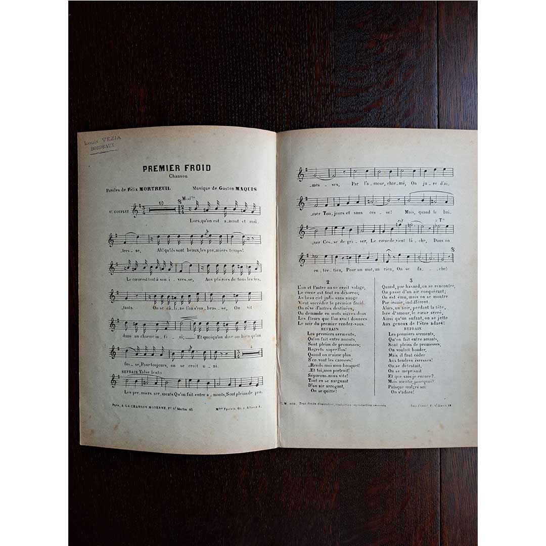 "Premier Froid" ca.1900 chanson sheet music
