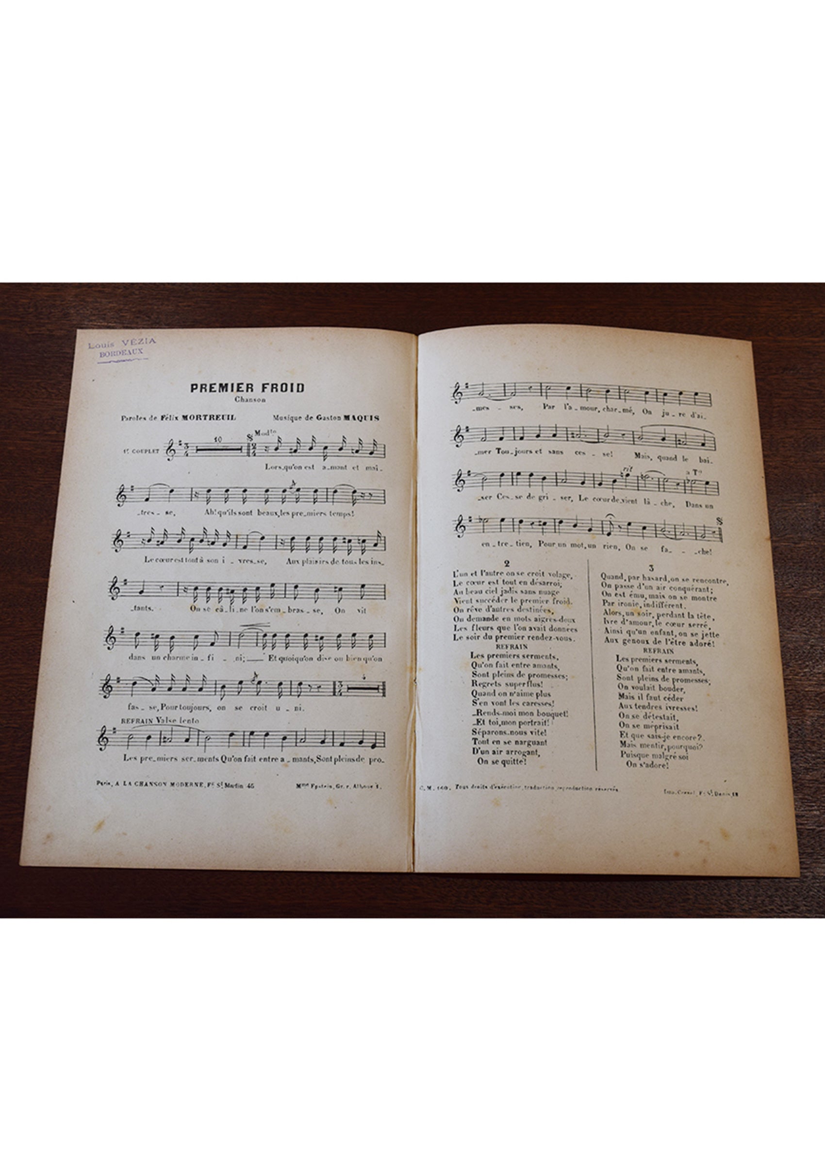 ≪一番の寒さ（Premier Froid）≫ ca.1900年 シャンソン楽譜
