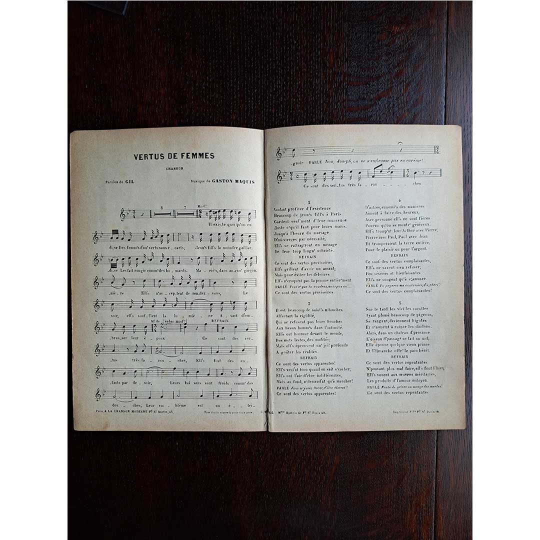 "Vertus de Femmes" ca.1900 chanson sheet music