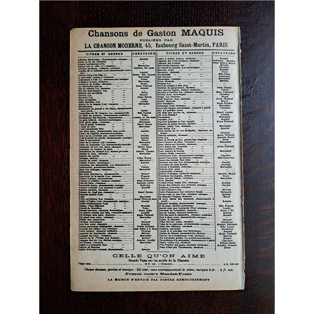 "Vertus de Femmes" ca.1900 chanson sheet music