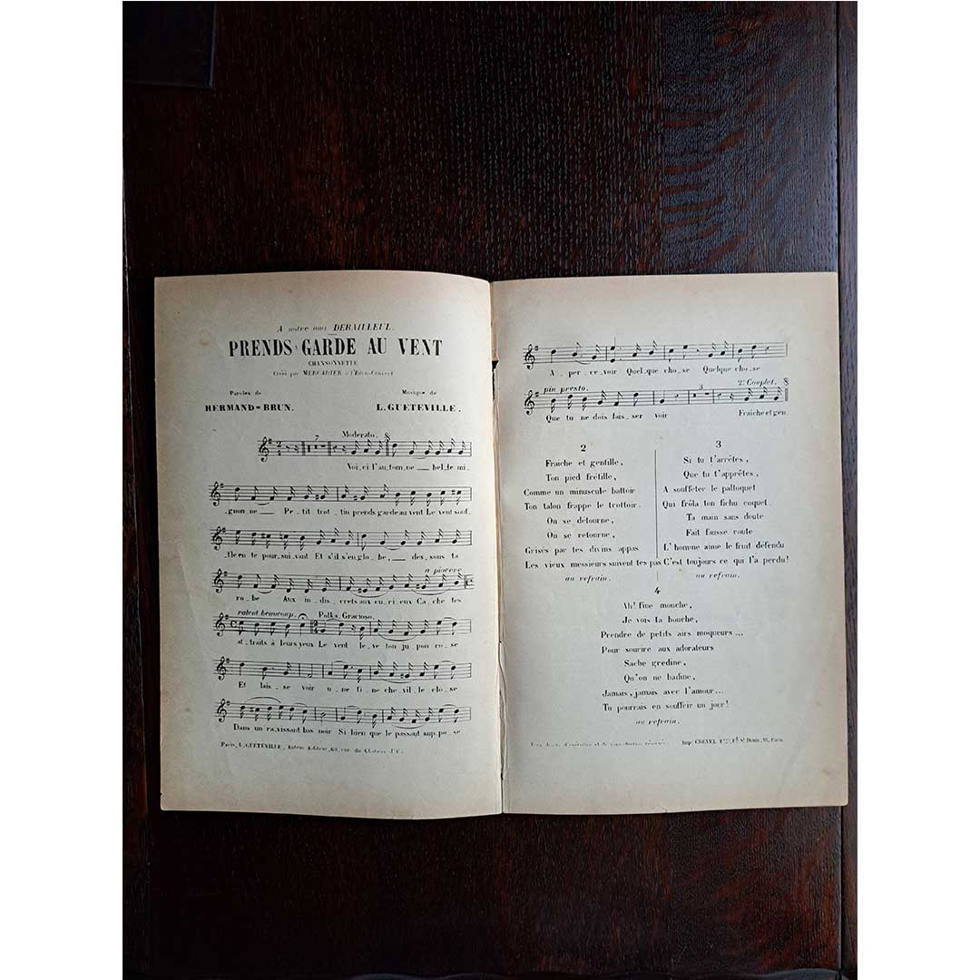 "Careful of the Wind (Prends garde au vent)" ca.1900 chanson sheet music